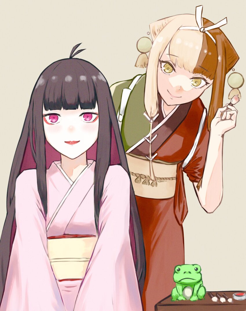 2girls ahoge applying_makeup black_hair blonde_hair brown_hair colored_inner_hair eyeliner fate/grand_order fate_(series) hairband highres holding holding_brush izumo_no_okuni_(fate) japanese_clothes kimono leaning_forward long_hair makeup multicolored_hair multiple_girls obi oryou_(fate) pink_eyes pink_kimono red_eyeliner red_lips sash simple_background sleeves_rolled_up smile split-color_hair table tsubu_(kappunioyu562) two-tone_kimono upper_body yellow_eyes