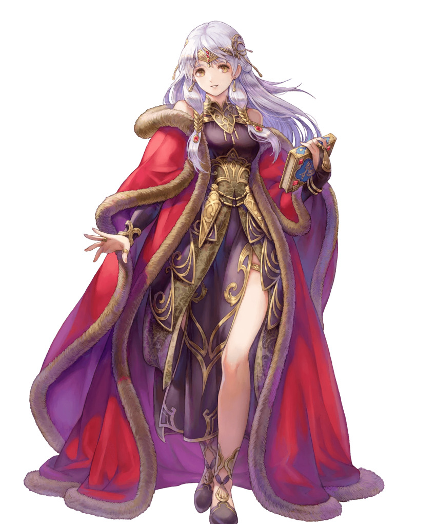 1girl bare_shoulders book breasts brown_eyes dress fingernails fire_emblem fire_emblem:_radiant_dawn fire_emblem_heroes full_body fur_trim haccan hair_ornament highres holding holding_book jewelry long_hair long_sleeves looking_at_viewer medium_breasts micaiah_(fire_emblem) micaiah_(radiant_queen)_(fire_emblem) nintendo official_art parted_lips purple_dress side_slit silver_hair smile solo standing thigh_strap thighs tiara transparent_background
