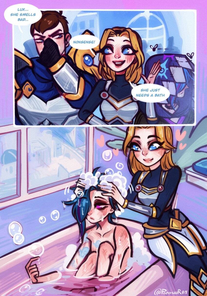 1boy 2girls arcane:_league_of_legends arcane_jinx armor bath blue_hair breasts cleavage cloud_tattoo garen_(league_of_legends) highres jinx_(league_of_legends) league_of_legends long_hair lux_(league_of_legends) multiple_girls nude poposhirat short_hair smile tattoo water
