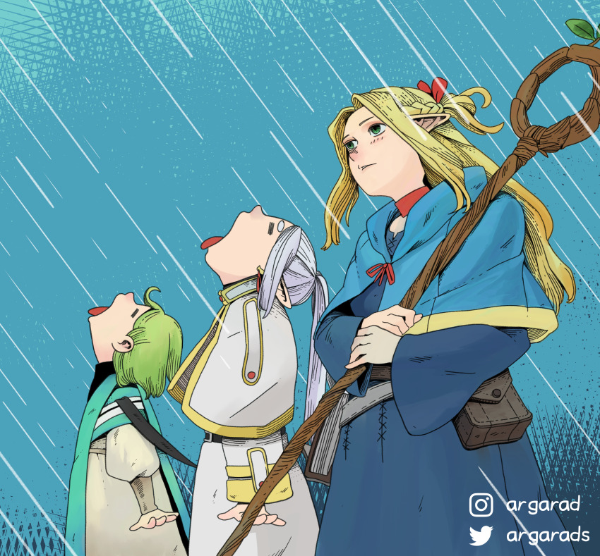 3girls =_= ambrosia_(dungeon_meshi) argarad blonde_hair blue_capelet blue_dress braid capelet choker coco_(tongari_boushi_no_atelier) commentary crossover crown_braid dress dungeon_meshi earrings elf empty_eyes english_commentary frieren goku_and_vegeta_in_the_rain_(meme) green_eyes green_hair grey_hair highres instagram_username jewelry marcille_donato meme multiple_crossover multiple_girls open_mouth pointy_ears pouch rain red_choker skirt sousou_no_frieren tongari_boushi_no_atelier tongue tongue_out twitter_username white_capelet white_skirt wide_sleeves