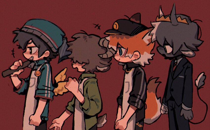 1other 3boys animal_ears apron axe beanie bird_boy bird_wings black_hair black_hat black_skin blue_hat brown_hair colored_skin cowboy_shot crown dream_smp duck_boy formal_clothes fox_boy fox_ears fox_tail from_side fundy_(youtuber) goat_boy goat_ears goat_horns goat_tail hair_over_eyes hat highres holding holding_axe horns humanization jacket male_focus minecraft_youtube multicolored_skin multiple_boys my7f_6 official_alternate_costume orange_hair quackity ranboo red_background short_hair standing suit tail track_jacket tubbo two-tone_skin white_apron white_skin wings
