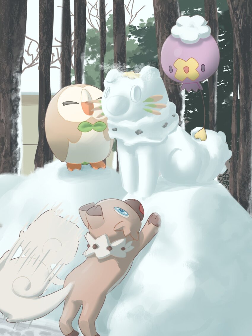 :d bare_tree closed_eyes commentary_request day drifloon gen_4_pokemon gen_7_pokemon highres looking_down mokukitusui motion_blur nintendo no_humans open_mouth outdoors pokemon pokemon_(creature) rockruff rowlet smile snow snow_sculpture tail tail_wagging tree