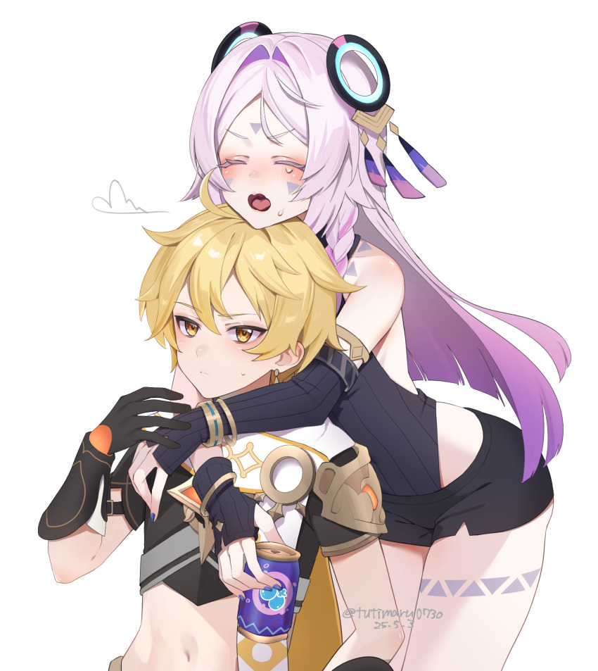 1boy 1girl absurdres aether_(genshin_impact) ahoge bare_shoulders black_gloves black_leotard blonde_hair blush can chin_rest citlali_(genshin_impact) closed_mouth commentary dated facial_mark fingerless_gloves floating_headgear forehead_mark genshin_impact gloves hair_between_eyes hand_up head_on_head head_rest headgear highres holding holding_can leotard long_hair multicolored_hair navel open_mouth pink_hair purple_hair simple_background sleeveless_turtleneck_leotard small_sweatdrop stomach triangle triangle_facial_mark tutimaru0730 twitter_username very_long_hair white_background yellow_eyes