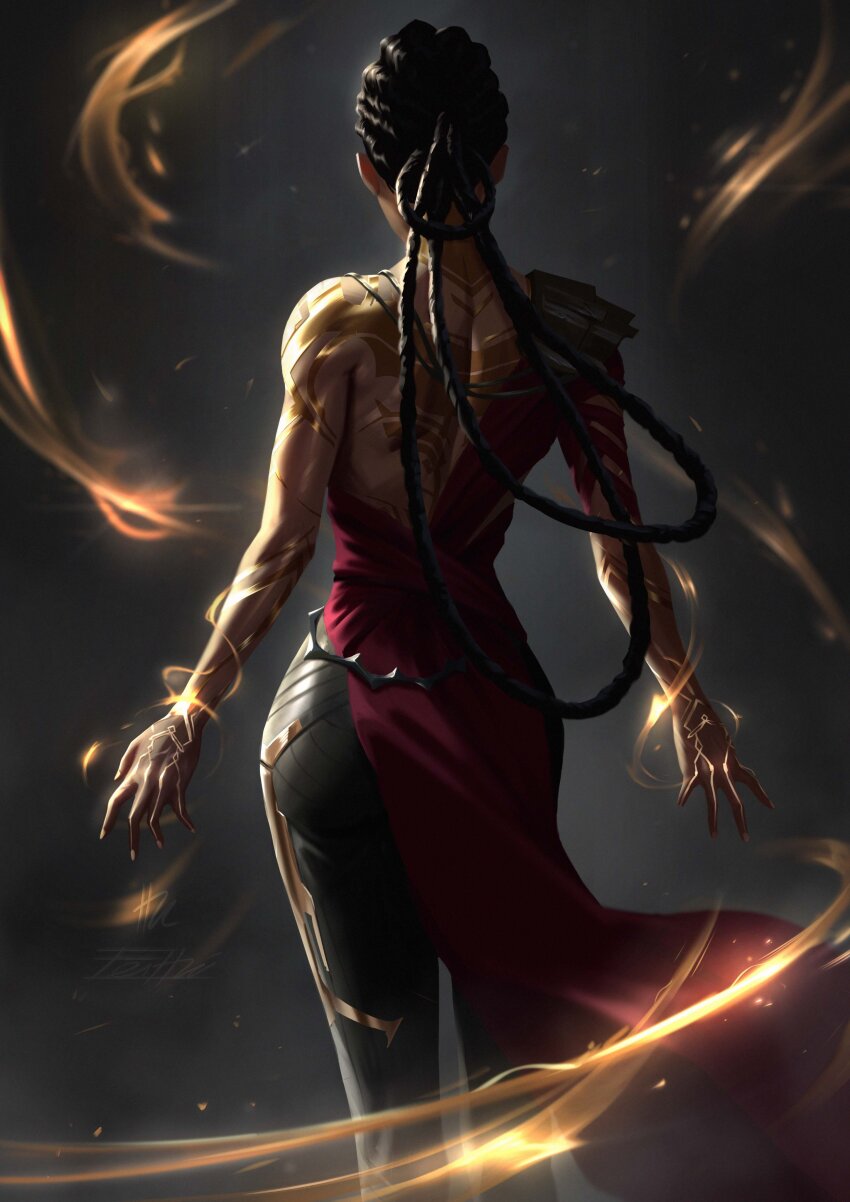 1girl absurdres arcane:_league_of_legends ass back black_background black_hair braid cowboy_shot dark-skinned_female dark_skin fei_hai from_behind gold_tattoo highres league_of_legends long_hair magic mel_medarda multiple_braids off-shoulder_shirt off_shoulder red_shirt shirt simple_background single_bare_shoulder solo standing