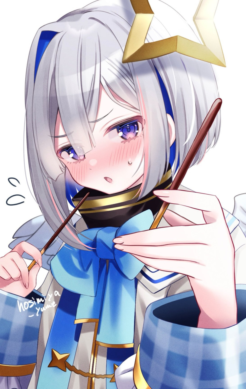 1girl amane_kanata amane_kanata_(1st_costume) angel angel_wings black_dress blue_hair blush dress food grey_hair hair_intakes halo highres holding holding_food holding_pocky hololive hosimiya_yume looking_at_viewer open_mouth pink_hair pocky purple_eyes short_hair solo star_halo sweatdrop virtual_youtuber wings