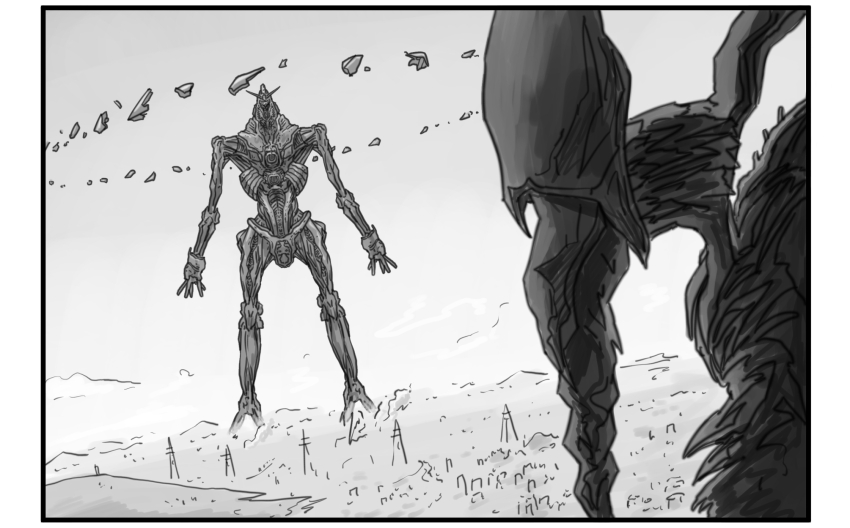 bit_(gundam) black_border bokurano border city greyscale gundam gundam_gquuuuuux highres imminent_fight mecha mecha_focus monochrome niiyan no_humans parody psycho_gundam_(gquuuuuux) redesign robot zearth