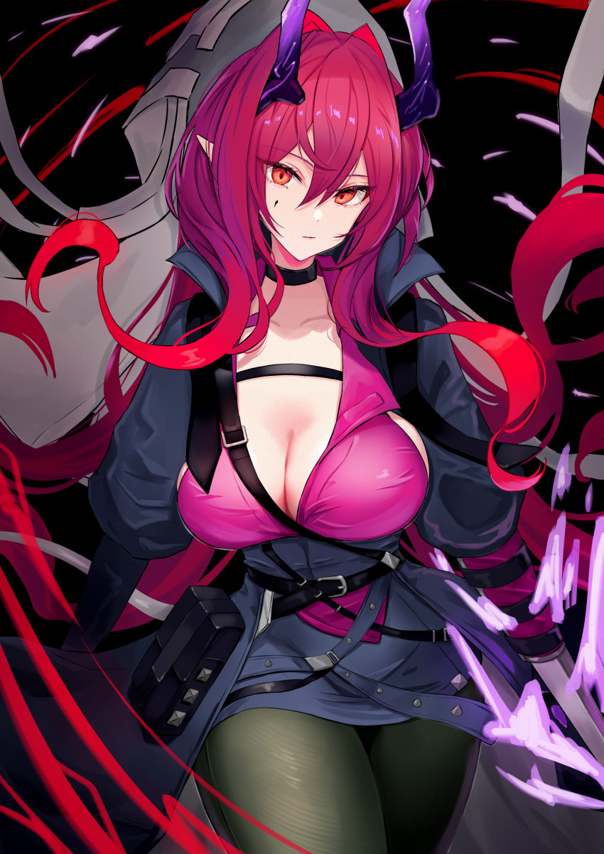 1girl absurdres aoi_tooru arknights ascalon_(arknights) black_choker black_jacket black_pantyhose breasts choker cleavage closed_mouth cowboy_shot demon_horns hair_between_eyes highres horns jacket large_breasts long_hair looking_at_viewer open_clothes open_jacket pantyhose pointy_ears pouch purple_hair purple_horns purple_shirt red_eyes red_hair shirt solo teardrop_facial_mark