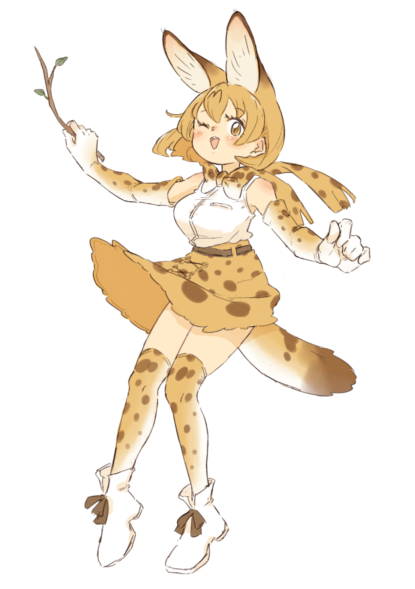 0nanaten 1girl animal_ears animal_print bare_shoulders blonde_hair blush boots bow bowtie cat_ears cat_girl cat_tail elbow_gloves extra_ears full_body gloves hair_between_eyes high-waist_skirt highres kemono_friends one_eye_closed print_bow print_bowtie print_gloves print_skirt print_thighhighs serval_(kemono_friends) shirt short_hair sidelocks skirt sleeveless solo stick tail thighhighs white_boots white_shirt yellow_eyes zettai_ryouiki