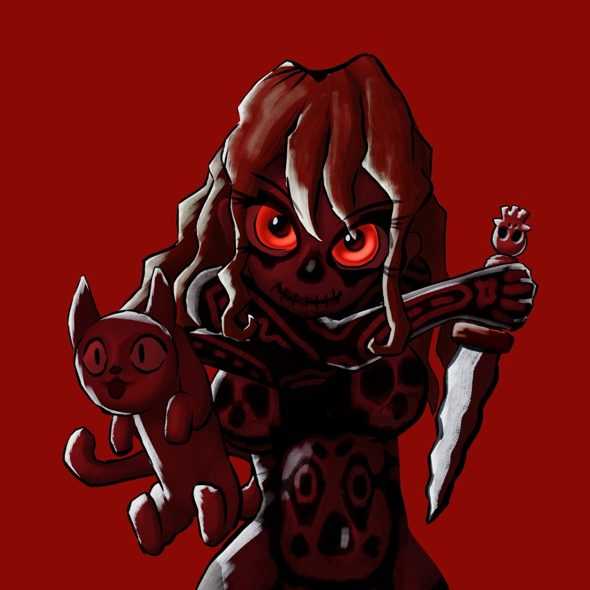 1girl absurdres animal bodypaint borrowed_character breasts brown_hair cat facepaint halloween halloween_costume highres holding holding_animal holding_cat holding_knife knife large_breasts long_hair looking_at_viewer navel nude original red_background red_eyes skull skull_facepaint smile soandnb standing upper_body