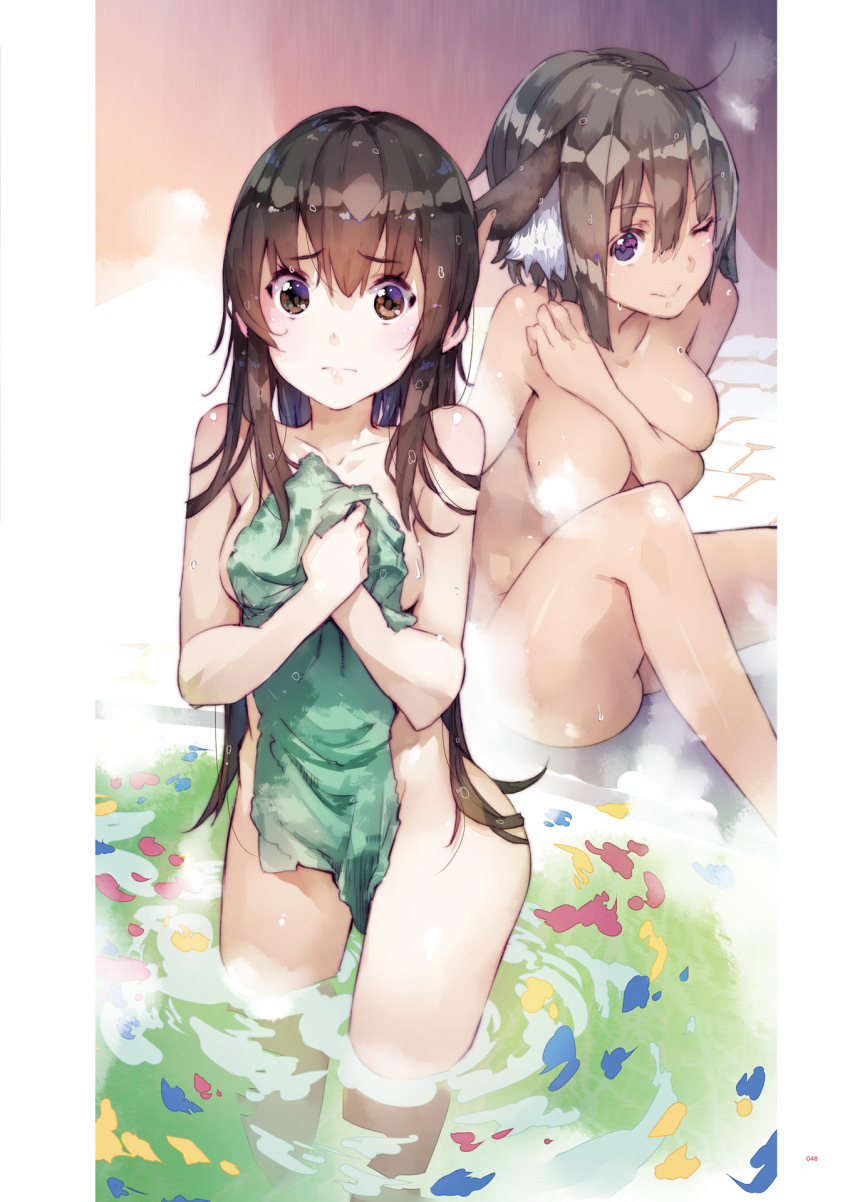 2girls ;) areola_slip bathing breasts brown_eyes brown_hair character_request collarbone convenient_censoring covering_privates dark_areolae elbia_hernaiman hair_between_eyes hand_on_own_chest highres looking_at_viewer medium_breasts multiple_girls nude_cover one_eye_closed outbreak_company purple_eyes sitting smile steam steam_censor towel wading wet wet_hair yuugen