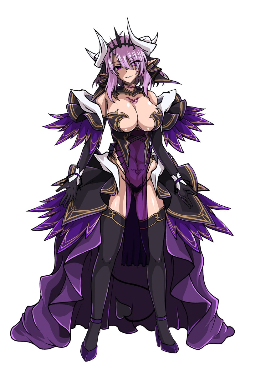 1girl absurdres aoi_tabane bare_shoulders black_gloves black_thighhighs breast_tattoo breasts chest_tattoo cleavage commission corruption cosplay crown dark_persona demon_girl demon_horns demon_tail dress elbow_gloves eyes_visible_through_hair fate/grand_order fate_(series) fujimaru_ritsuka_(male) full_body genderswap genderswap_(mtf) gloves grin heart heart_tattoo high_heels highres horns kouyoku_senki_exs-tia large_breasts looking_at_viewer luxiel_(kouyoku_senki_exs-tia) luxiel_(kouyoku_senki_exs-tia)_(cosplay) pelvic_curtain pixiv_commission pointy_ears pubic_tattoo purple_eyes purple_hair revealing_clothes see-through_clothes simple_background smile solo standing strapless strapless_dress tachi-e tail tattoo thighhighs transparent_background white_background white_horns