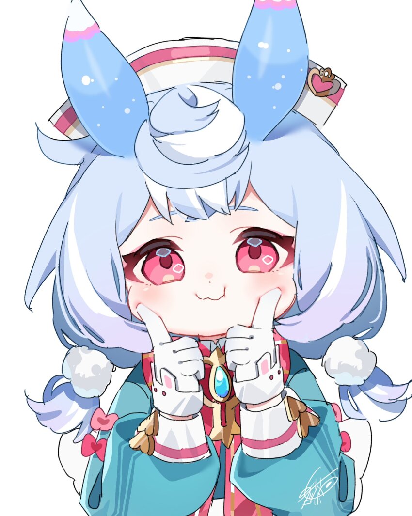 1girl :i animal_ears aqua_shirt artist_name blue_hair blush bow bowtie brooch cheek_poking closed_mouth commentary_request crossed_bangs genshin_impact gradient_hair hair_ornament hands_up hat highres index_fingers_raised jewelry long_sleeves looking_at_viewer low_twintails meda_cha medium_hair multicolored_hair nurse_cap pink_bow poking pom_pom_(clothes) pom_pom_hair_ornament puffy_long_sleeves puffy_sleeves purple_hair red_bow red_bowtie red_eyes shirt sidelocks sigewinne_(genshin_impact) signature simple_background sleeve_cuffs smile solo twintails upper_body white_background white_hat