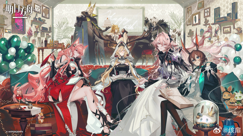 2boys 5girls amiya_(arknights) amiya_(medic)_(arknights) animal_ears antlers arknights balloon black_dress black_horns blonde_hair book breasts brown_hair cape couch dress hair_between_eyes hellagur_(arknights) highres hood hooded_cape horns jacket jewelry kaifei_(kaifei_29) long_hair looking_at_viewer medium_breasts moose_antlers moose_ears moose_girl multiple_boys multiple_girls multiple_rings on_couch open_clothes open_jacket pink_hair pozyomka_(arknights) rabbit_ears red_dress ring siege_(arknights) silverash_(arknights) sitting smile theresa_(arknights) viviana_(arknights) white_cape white_dress