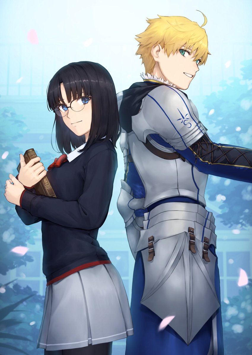 1boy 1girl ahoge armor arthur_pendragon_(fate) back-to-back black_hair black_sweater blonde_hair blue_eyes book breasts fate/prototype fate_(series) faulds glasses grey_skirt highres holding holding_book kouzuki_kei long_sleeves looking_at_viewer medium_breasts medium_hair parted_bangs pauldrons sajou_ayaka_(fate/prototype) short_hair shoulder_armor skirt smile sweater
