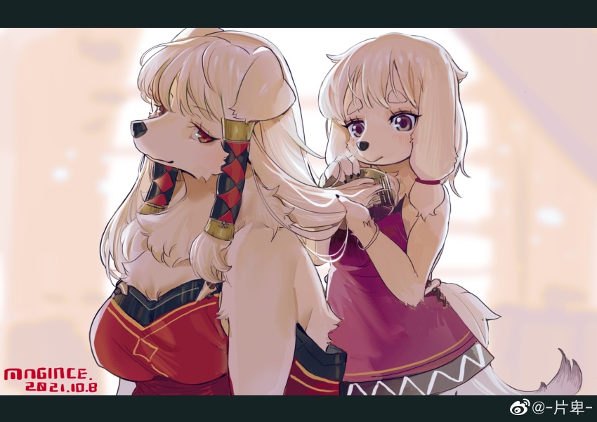 2girls :&gt; absurdres age_difference animal_ears animal_nose artist_name backlighting bare_shoulders black_trim blurry blurry_background blush body_fur bracelet breasts brushing_another&#039;s_hair brushing_hair child claws closed_mouth comb dated dog_ears dog_girl dog_tail dress female_focus flat_chest furry furry_female hair_tie hair_tubes hands_up happy highres holding holding_another&#039;s_hair holding_comb indoors jewelry large_breasts letterboxed light_blush linglian_(magiace) long_hair looking_at_viewer magiace meilian_(magiace) multiple_girls neck_fur original purple_dress purple_eyes red_dress red_eyes sidelocks signature sleeveless sleeveless_dress smile snout standing tail thick_eyebrows watermark weibo_watermark white_fur white_hair