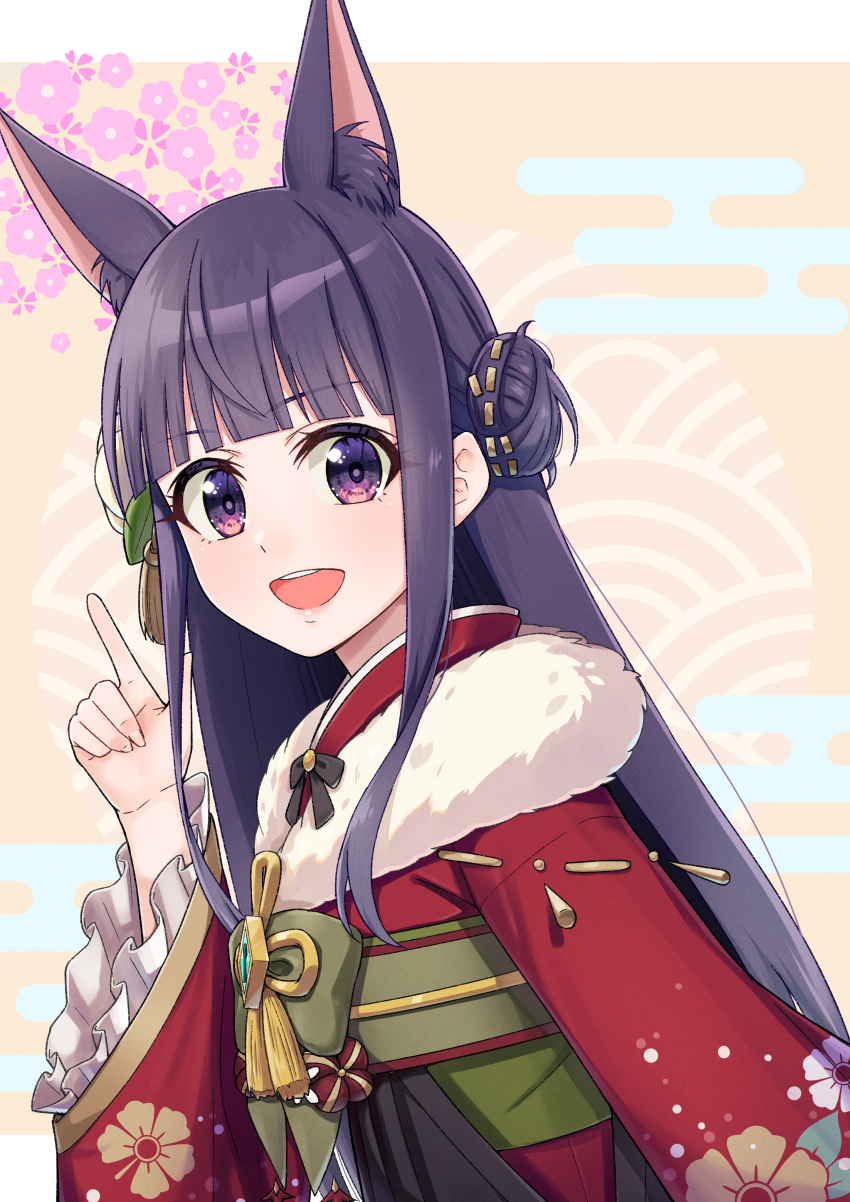 1girl absurdres animal_ear_fluff animal_ears blunt_bangs dog_ears dog_girl extra_ears floral_print highres japanese_clothes k-ya. kasumi_(new_year)_(princess_connect!) kasumi_(princess_connect!) kimono long_hair looking_at_viewer new_year obi open_mouth princess_connect! purple_eyes purple_hair red_kimono sash sidelocks smile solo very_long_hair