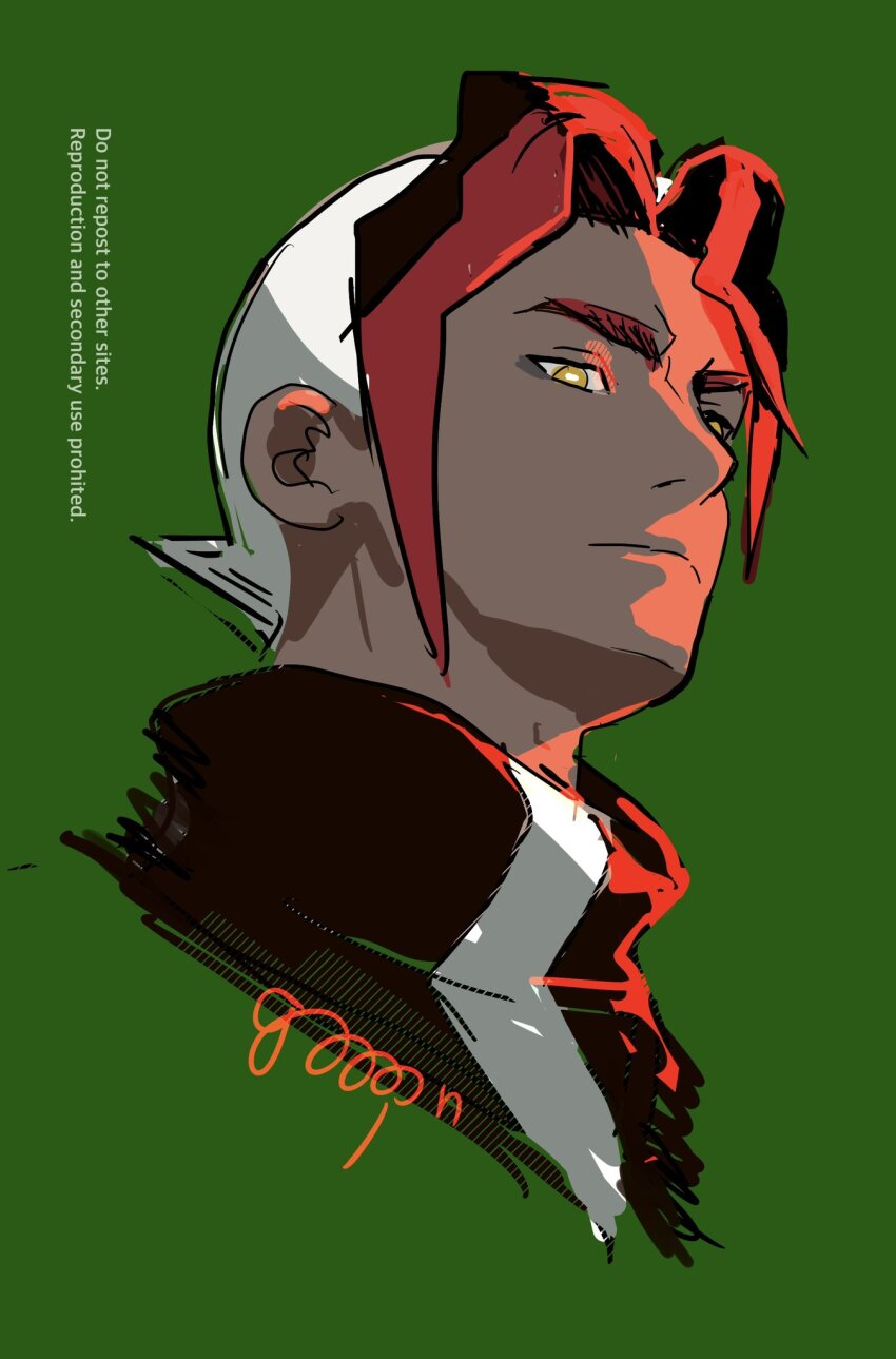 1boy black_jacket bright_pupils closed_mouth commentary_request cropped_shoulders curtained_hair dark-skinned_male dark_skin goopon green_hair highres jacket male_focus multicolored_hair nintendo pokemon pokemon_(anime) pokemon_horizons portrait sidian_(pokemon) simple_background solo white_hair white_pupils yellow_eyes