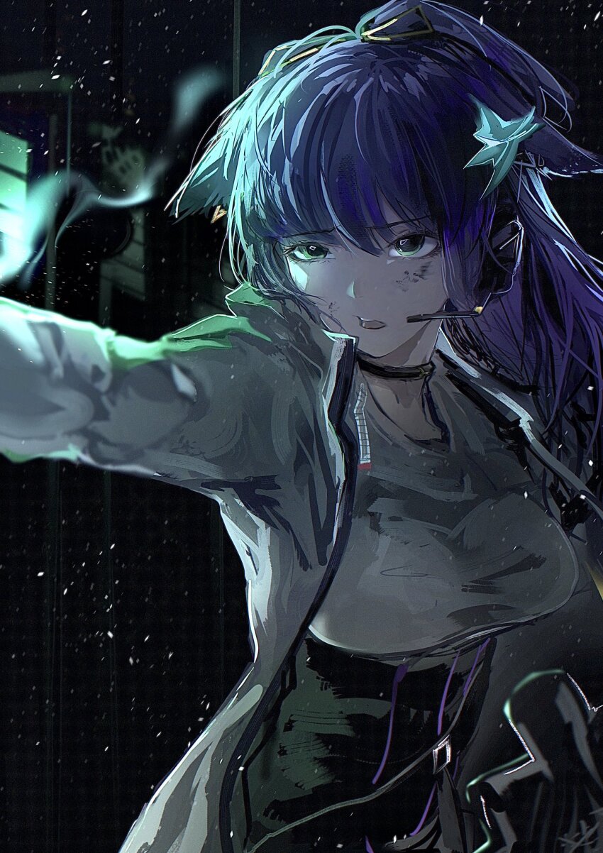 1girl animal_ears arknights arm_up black_choker black_hair breasts cat_ears cat_girl choker collarbone commentary_request ears_down gradient_hair green_eyes gun hair_ornament half-closed_eyes hamaguri-san_(hamagur69200744) headset high-waist_skirt highres holding holding_gun holding_weapon jacket jessica_(arknights) jessica_the_liberated_(arknights) large_breasts long_hair looking_ahead multicolored_hair night night_sky open_mouth outdoors parted_bangs parted_lips ponytail purple_hair scrape shirt shirt_tucked_in sidelocks skirt sky solo swept_bangs teeth upper_teeth_only weapon white_jacket white_shirt