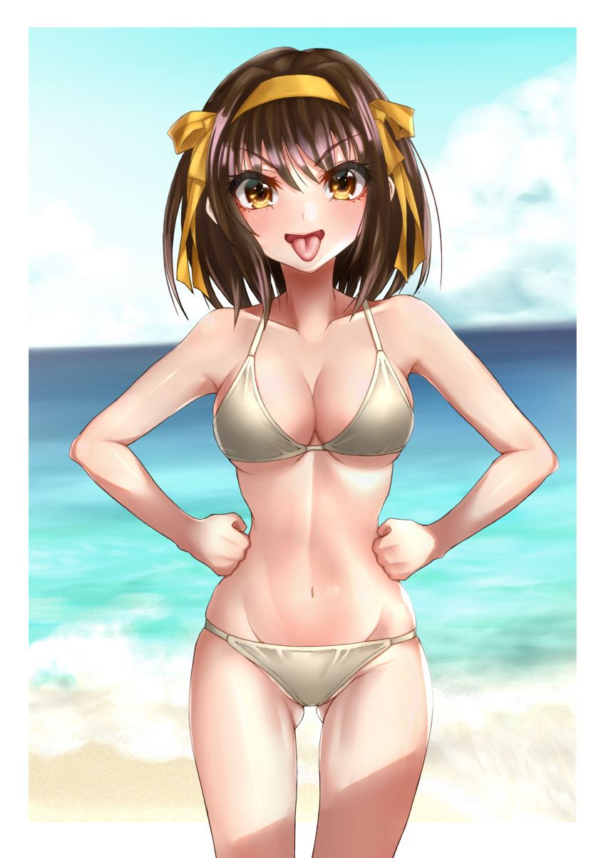1girl absurdres ass beach bickle_(bickle1983) bikini blue_sky blurry blurry_background breasts brown_eyes brown_hair cleavage collarbone commentary_request depth_of_field gluteal_fold hair_between_eyes hair_ribbon hairband hands_on_own_hips highres holding looking_at_viewer medium_breasts medium_hair outdoors ribbon sky solo suzumiya_haruhi suzumiya_haruhi_no_yuuutsu swimsuit tongue tongue_out water white_bikini yellow_hairband yellow_ribbon