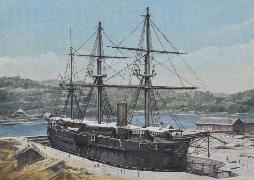 absurdres acrylic_paint_(medium) atelier_bono dock drydock highres hms_iron_duke_(ironclad) ironclad japan mast mountainous_horizon original painting_(medium) port royal_navy sky smokestack traditional_media vehicle_focus warship water