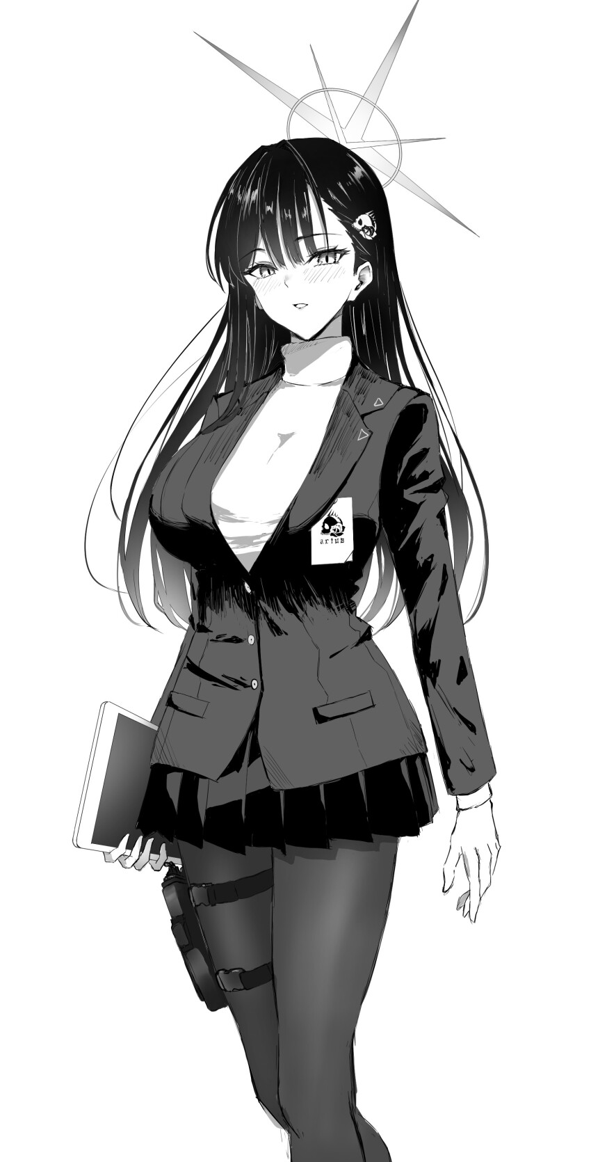 1girl absurdres asao_(asaomm12345) blue_archive blush breasts commentary_request cosplay feet_out_of_frame formal_clothes greyscale halo highres holding holding_tablet_pc jacket large_breasts long_hair long_sleeves looking_at_viewer miniskirt monochrome pantyhose pleated_skirt pouch rio_(blue_archive) rio_(blue_archive)_(cosplay) saori_(blue_archive) simple_background skirt solo suit sweater tablet_pc thigh_pouch turtleneck turtleneck_sweater white_background