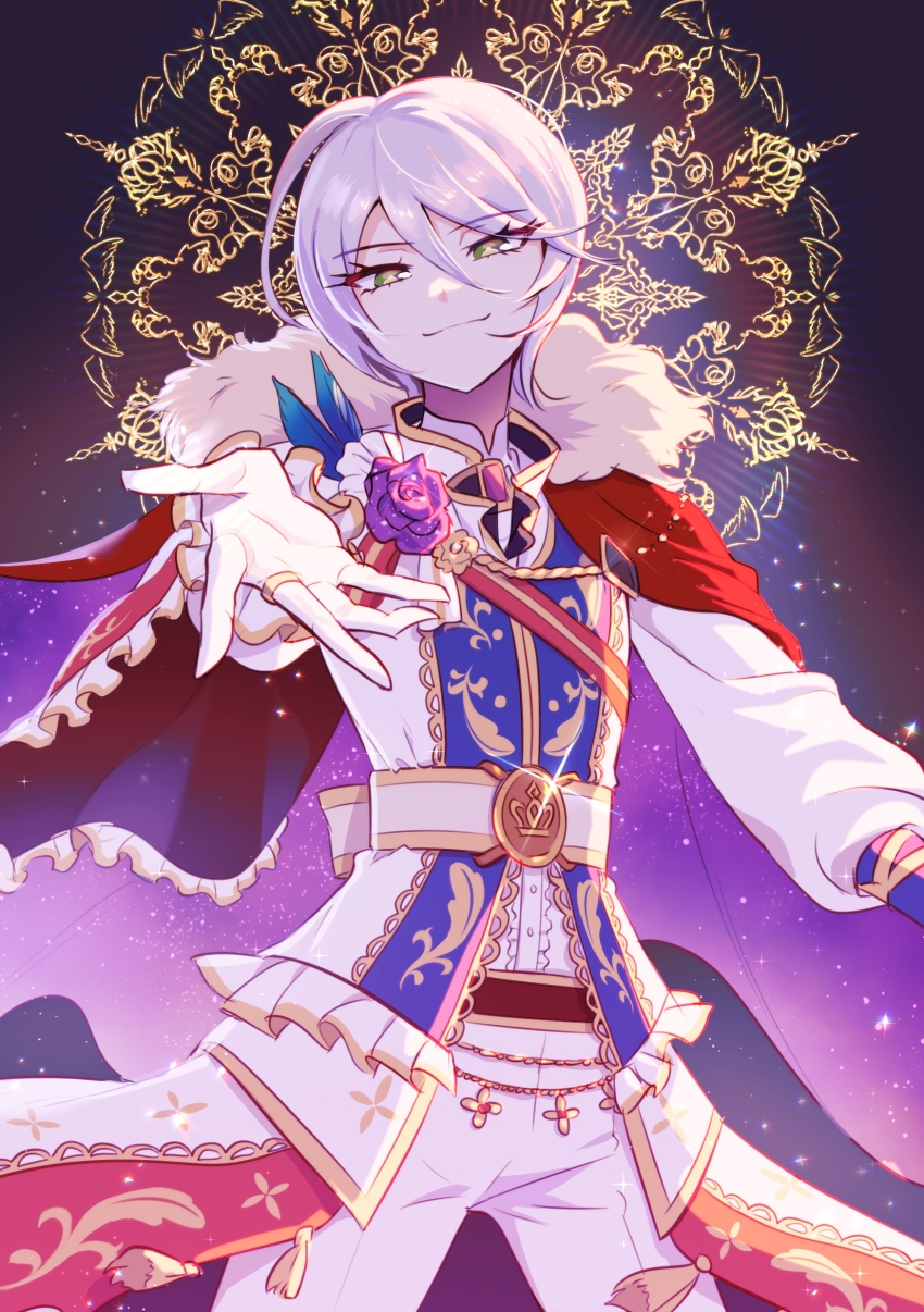 1girl absurdres androgynous capelet closed_mouth commentary cowboy_shot elosia fur-trimmed_capelet fur_trim green_eyes grey_hair hair_between_eyes highres jacket long_sleeves looking_at_viewer ouji_fashion pants pretty_series pripara reaching reaching_towards_viewer red_capelet shikyoin_hibiki short_hair smile solo standing white_jacket white_pants