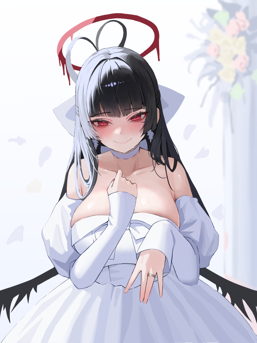 1girl absurdres antenna_hair bags_under_eyes black_hair black_wings blood blood_halo blue_archive blush bow bow_choker breasts choker collarbone commentary_request dress halo highres jewelry korean_commentary large_breasts liquid_halo long_hair looking_at_viewer low_wings melting_halo musclexm red_eyes red_halo revision ring smile solo tearing_up tears tsurugi_(blue_archive) tsurugi_(dress)_(blue_archive) wedding_dress wedding_ring white_choker white_dress wings