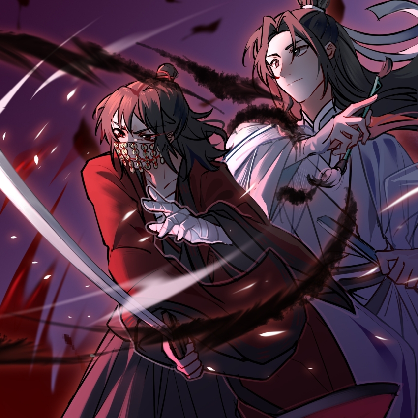2boys artist_request bandaged_hand bandages black_eyes black_hair black_hanfu black_robe calligraphy_brush chinese_clothes chinese_commentary coat coin commission covered_mouth dao_gui_yi_xian fighting_stance folded_fan folding_fan hair_bun hair_ribbon half_updo hand_fan hand_up hanfu highres holding holding_calligraphy_brush holding_fan holding_paintbrush holding_sword holding_weapon holed_coin li_huowang light_particles long_hair long_sleeves looking_to_the_side male_focus mask motion_blur mouth_veil multiple_boys night paintbrush painting_(action) red_coat red_eyes ribbon robe second-party_source single_hair_bun smoke standing sword veil weapon white_hanfu white_robe wide_sleeves wind zhuge_yuan