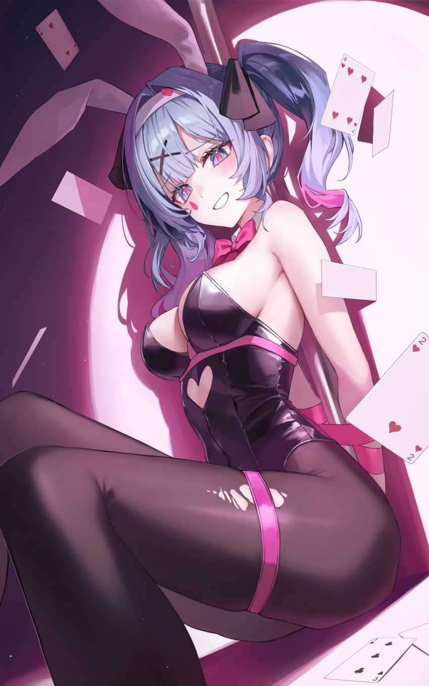 1girl absurdres animal_ears armpit_crease arms_behind_back as4_s2 black_leotard black_pantyhose blue_eyes blue_hair blush bound bound_arms bow bowtie breasts card cutout_above_navel detached_collar fake_animal_ears four_of_hearts grin hair_ornament hatsune_miku highres large_breasts leotard long_hair pantyhose pink_bow pink_bowtie pink_pupils pink_ribbon playboy_bunny playing_card pole rabbit_ears rabbit_hole_(vocaloid) ribbon sideboob sitting skindentation smile solo spotlight strapless strapless_leotard teardrop_facial_mark three_of_clubs twintails two_of_hearts vocaloid x_hair_ornament