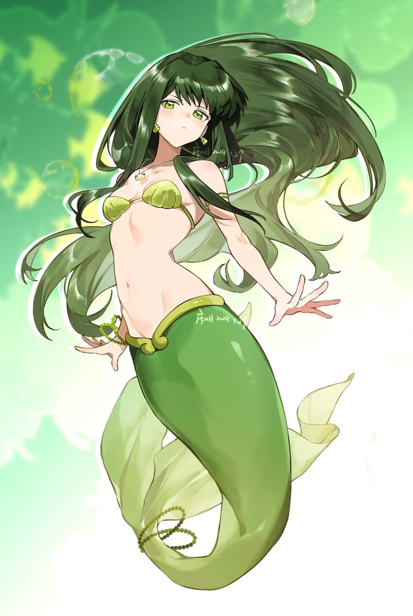 1girl artist_name bead_necklace beads bikini blush breasts closed_mouth commentary dated earrings full_body green_eyes green_hair green_theme highres jewelry long_hair looking_at_viewer mermaid mermaid_melody_pichi_pichi_pitch monster_girl navel necklace outstretched_hand shell shell_bikini shell_necklace small_breasts solo touin_rina touin_rina_(mermaid) very_long_hair xuchuan
