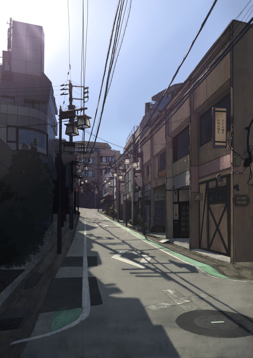 absurdres anyotete blue_sky building bush city cityscape commentary day highres house lamppost no_humans original outdoors power_lines road scenery shadow shibuya_(tokyo) sign sky street sunlight tokyo_(city) translation_request utility_pole