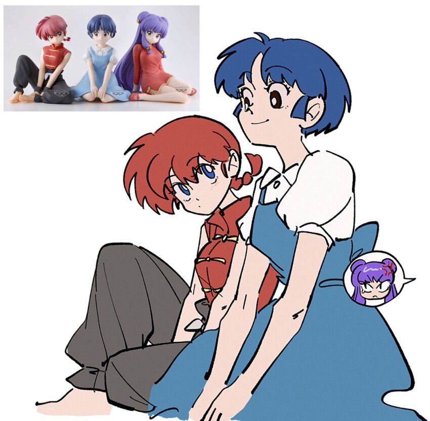 3girls barefoot blue_eyes double_bun fuurinkan_high_school_uniform hair_between_eyes hair_bun highres luuxiriver multiple_girls purple_hair ranma-chan ranma_1/2 red_hair school_uniform shampoo_(ranma_1/2) simple_background smile tendou_akane white_background