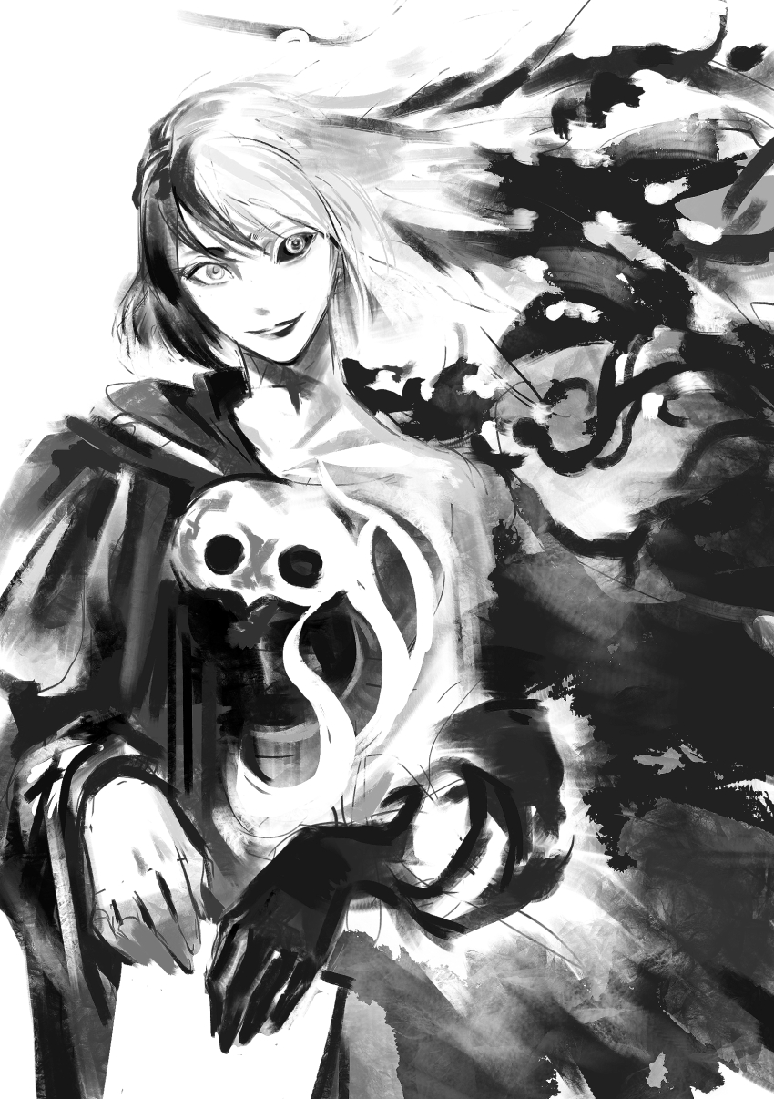 1girl absurdres athena_(ff14) black_sclera book closed_mouth colored_sclera colored_skin commentary cowboy_shot crazy_smile cropped_legs english_commentary final_fantasy final_fantasy_xiv highres holding holding_book looking_at_viewer mask monochrome monsterification multicolored_hair multicolored_skin robe simple_background smile solo transformation two-tone_hair two-tone_skin unworn_mask white_background zmeoow