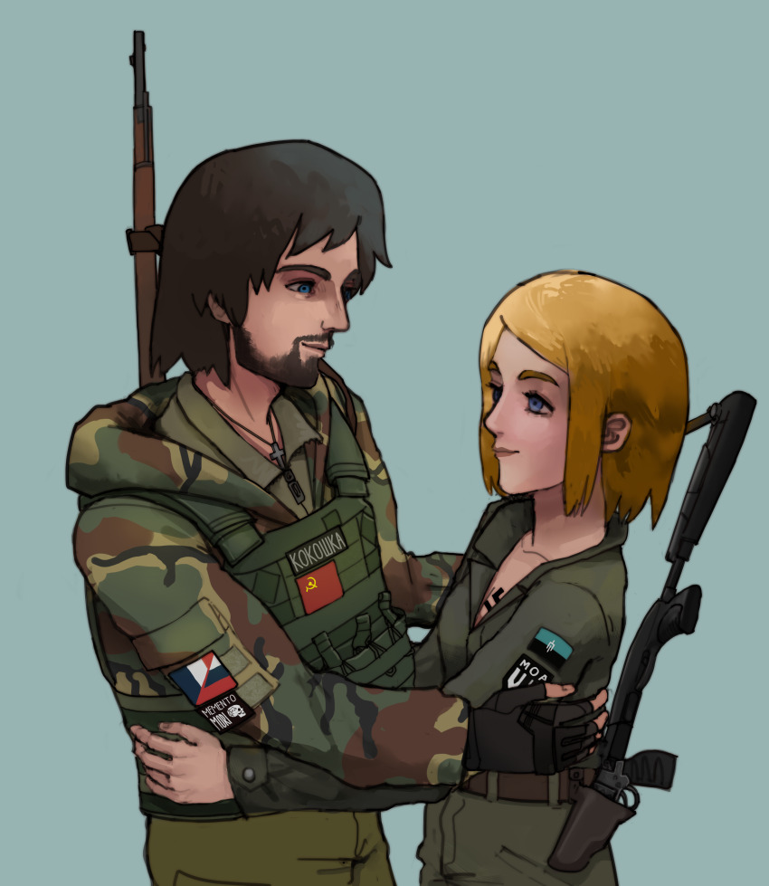 1boy 1girl absurdres arm_patch beard beard_stubble belt blonde_hair blue_background blue_eyes bolt_action breasts brown_belt brown_hair bulletproof_vest buttoned_cuffs buttons camouflage camouflage_jacket claude_elybeux collarbone commission commissioner_upload couple cross cross_necklace cyrillic digital_camouflage elf3 english_text facial_hair french_flag green_pants gun handgun highres holstered hug jacket jewelry long_sleeves looking_at_another malorussia malorussian_flag malorussian_liberation_army marichka medium_hair military_combat_uniform military_jacket military_uniform morale_patch mosin-nagant name_tag necklace non-web_source original pants partially_open_jacket patch revolver rifle russia russian_flag russian_ground_forces russian_text russo-ukrainian_war shotgun shoulder_patch simple_background size_difference small_breasts soldier soviet soviet_flag stubble swastika tactical_clothes tattoo weapon zipper