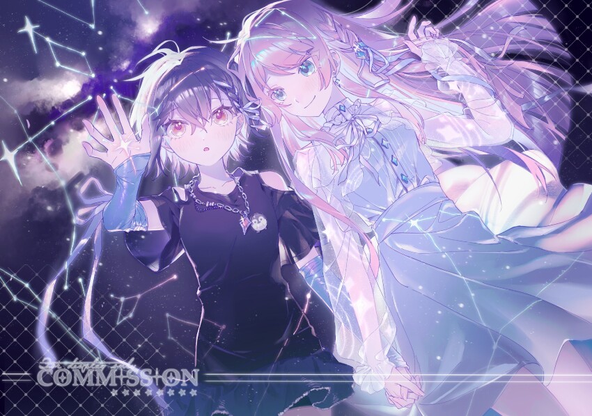 2girls arm_warmers bang_dream! bang_dream!_it&#039;s_mygo!!!!! black_shirt blue_skirt blush braid chihaya_anon closed_mouth commentary commission constellation constellation_request dress grey_eyes grey_hair hair_between_eyes hair_ribbon hand_up highres holding_hands interlocked_fingers jewelry long_hair long_sleeves looking_at_another multiple_girls necklace open_mouth pink_hair ribbon see-through_clothes see-through_sleeves shirt short_hair side_braid simoco skirt symbol-only_commentary takamatsu_tomori white_dress white_ribbon yuri