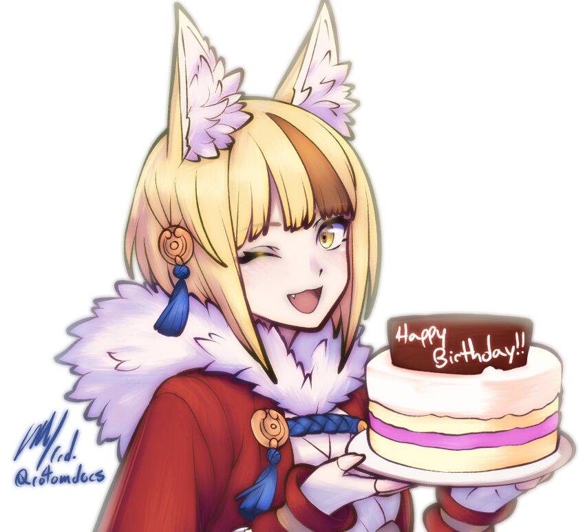 animal_ear_fluff animal_ears cake english_text fang fingerless_gloves fire_emblem fire_emblem_fates fluff fluffy food fox_ears fox_girl fur-trimmed_jacket fur-trimmed_kimono fur_trim gloves hair_ornament highres holding holding_food jacket japanese_clothes kimono kitsune light_blush multicolored_hair nintendo one_eye_closed open_mouth rope rotomdocs selkie_(fire_emblem) signature streaked_hair two-tone_hair white_background yellow_eyes