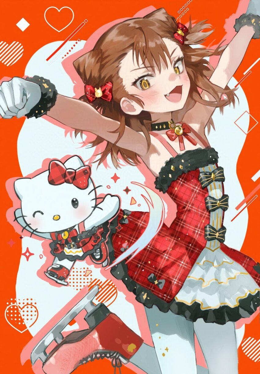 1girl :d arms_up bow bow_choker brown_hair choker cone_hair_bun double_bun dress drop_shadow fang flat_chest frilled_dress frills fur-trimmed_dress fur_trim gb_dumf gloves hair_between_eyes hair_bow hair_bun hello_kitty hello_kitty_(character) highres ice_skates looking_at_viewer medalist_(manga) medium_hair miketa_ryouka no_mouth one_eye_closed open_mouth pantyhose red_bow red_dress sanrio skates sleeveless smile standing standing_on_one_leg white_gloves white_pantyhose yellow_eyes
