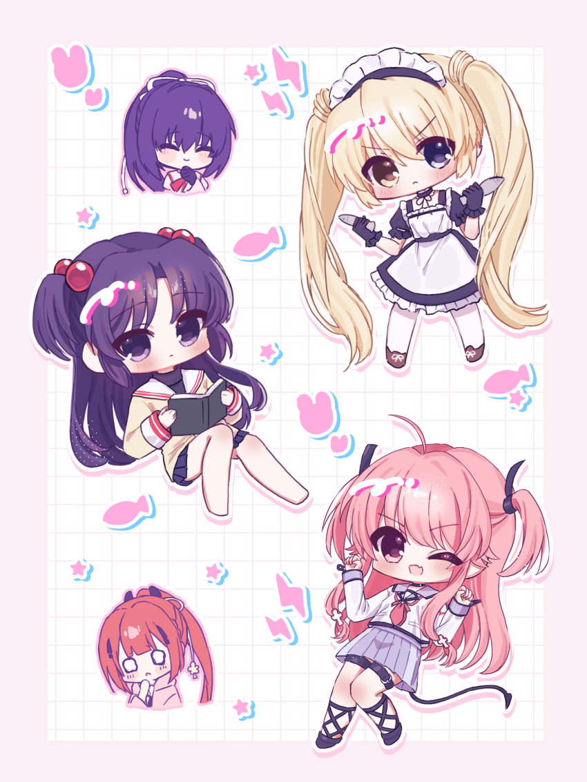 &gt;:( 5girls ;d ^_^ ahoge angel_beats! apron black_dress black_gloves black_hair black_shoes blank_eyes blonde_hair blue_eyes blue_skirt blunt_bangs blush blush_stickers chibi chibi_only clannad clenched_hands closed_eyes closed_mouth commentary_request company_connection crossover demon_tail dress drop_shadow dual_wielding eshiko expressionless fake_tail fang frilled_dress frilled_sleeves frills full_body gloves hair_between_eyes hair_bobbles hair_ornament hands_up happy heterochromia highres hikarizaka_private_high_school_uniform holding holding_knife ichinose_kotomi jacket kamiyama_shiki key_(company) knees_together_feet_apart knees_up knife konohana_lucia long_hair long_sleeves looking_at_viewer maid maid_apron maid_headdress miniskirt multiple_crossover multiple_girls nakatsu_shizuru one_eye_closed open_mouth outline pink_eyes pink_hair pleated_skirt ponytail puffy_short_sleeves puffy_sleeves purple_eyes purple_hair red_hair rewrite sailor_collar school_uniform serafuku shinda_sekai_sensen_uniform shirt shoes short_sleeves simple_background sitting skin_fang skirt smile standing summer_pockets tail thigh_strap twintails two_side_up v-shaped_eyebrows very_long_hair w_arms white_background white_outline white_sailor_collar white_shirt yellow_eyes yellow_jacket yui_(angel_beats!)