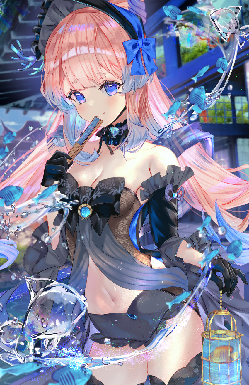 1girl absurdres adapted_costume alternate_color bad_id bad_pixiv_id bare_shoulders black_bow black_dress black_gloves black_thighhighs blue_eyes blue_hair blush bonnet bow breasts cameltoe cleavage closed_mouth commentary_request cowboy_shot detached_collar detached_sleeves dress fish folding_fan frilled_dress frilled_sleeves frills genshin_impact gloves hand_fan highres holding holding_fan horns isuzu_(an_icy_cat) long_hair looking_at_viewer medium_breasts midriff multicolored_hair navel pink_hair sangonomiya_kokomi sash short_shorts shorts smile solo standing thick_eyebrows thighhighs thighs two-tone_hair vision_(genshin_impact) water water_drop