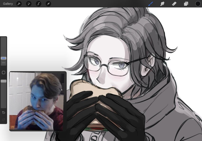 1boy aotsuki_eito art_program_in_frame black_gloves chuwuza commentary eating english_commentary food glasses gloves grey_eyes grey_hair highres holding jacket jerma985 jerma985_eating_a_whopper_(meme) long_sleeves male_focus meme portrait procreate_(medium) reference_inset sandwich short_hair simple_background solo the_hundred_line_-last_defense_academy- white_background white_jacket