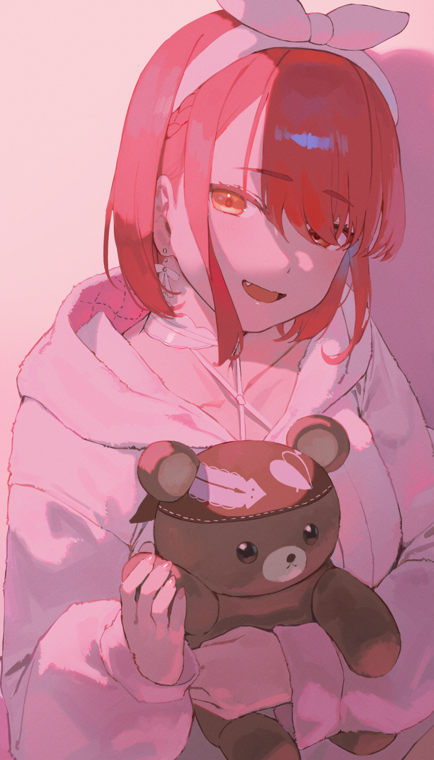 1girl :d absurdres bow bow_earrings bow_hairband braid braided_bangs collarbone commentary_request criss-cross_halter earrings fang fanged_bangs frikulu hairband halterneck heterochromia highres holding_teddy_bear hololive hood hooded_jacket houshou_marine houshou_marine_(loungewear) jacket jewelry looking_at_viewer official_alternate_costume official_alternate_hairstyle open_mouth parted_bangs red_eyes red_hair short_hair side_braid smile solo stuffed_animal stuffed_toy teddy_bear upper_body virtual_youtuber white_hairband white_jacket yellow_eyes