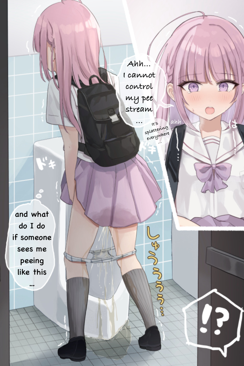 !? 1girl :o absurdres ahoge backpack bag blush breath caught clothes_lift female_focus highres kneehighs noa_cell original panties panties_around_leg pee peeing peeing_self public_restroom school_uniform shoes skirt skirt_lift socks standing tearing_up tears toilet toilet_use translated trembling underwear urinal urinal_use wet wet_clothes wet_panties wet_skirt wet_socks you&#039;re_doing_it_wrong