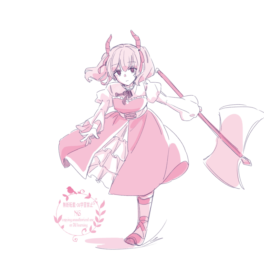 1girl absurdres axe closed_mouth double-sided_axe dress full_body hair_between_eyes highres holding holding_axe juliet_sleeves linie_(sousou_no_frieren) long_sleeves looking_at_viewer monochrome pantyhose pink_theme puffy_sleeves seila_rei shirt shoes simple_background solo sousou_no_frieren standing standing_on_one_leg twintails watermark white_background