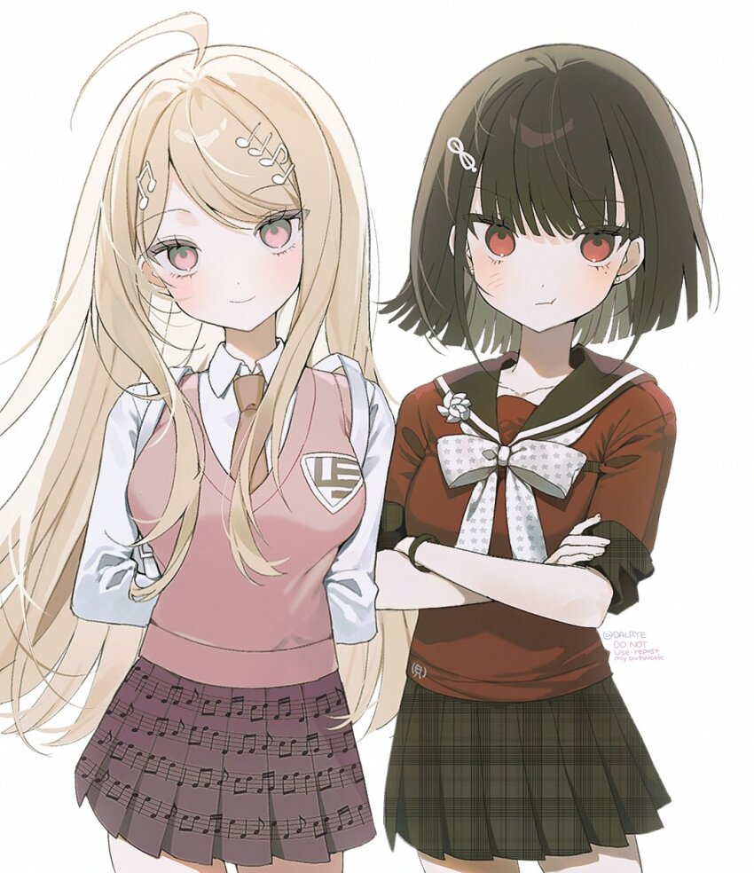 2girls ahoge akamatsu_kaede alternate_hair_length alternate_hairstyle black_sailor_collar blonde_hair collared_shirt crossed_arms dalrye_v3 danganronpa_(series) danganronpa_v3:_killing_harmony fortissimo hair_ornament harukawa_maki highres long_hair long_sleeves looking_at_viewer multiple_girls musical_note musical_note_hair_ornament pleated_skirt red_shirt sailor_collar shirt short_hair simple_background skirt smile white_background white_shirt