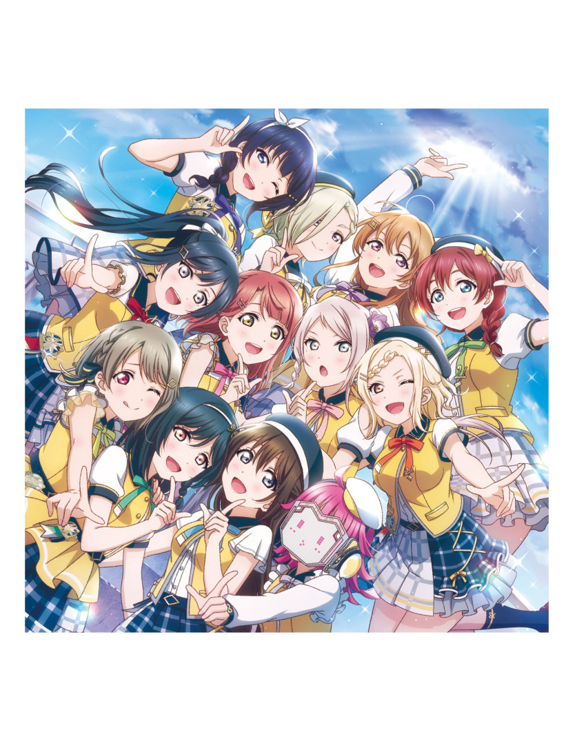 6+girls artbook asaka_karin black_hair blonde_hair blue_eyes blue_ribbon braid brown_hair emma_verde green_hair green_ribbon grey_eyes grey_hair hair_ornament hair_ribbon hat highres jacket konoe_kanata long_hair looking_at_viewer love_live! love_live!_nijigasaki_high_school_idol_club mia_taylor mifune_shioriko miyashita_ai multiple_girls nakasu_kasumi non-web_source official_art one_eye_closed open_mouth orange_eyes orange_ribbon osaka_shizuku pink_eyes pink_hair pink_ribbon pointing pointing_at_viewer purple_eyes purple_hair purple_ribbon red_eyes red_ribbon ribbon rina-chan_board short_hair skirt sky smile tennoji_rina uehara_ayumu white_ribbon yellow_eyes yellow_jacket yellow_ribbon yuki_setsuna zhong_lanzhu