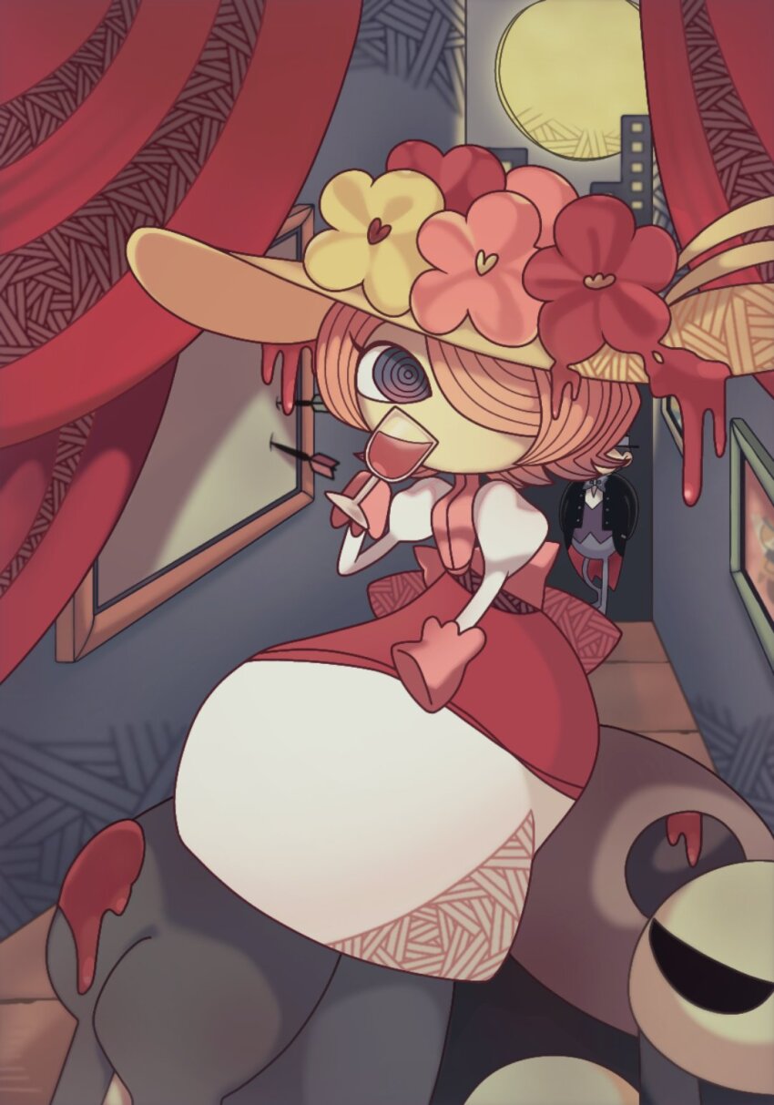 1boy 1girl back_bow baron_ham_(fake_type) blood blood_on_hat blue_eyes bow curtains dart dress fake_type flower frilled_gloves frills gloves hair_over_one_eye hat hat_flower highres iwasake-chan_(fake_type) looking_to_the_side lrieeeeeeee medium_hair no_mouth painting_(object) pink_bow pink_dress pink_flower pink_gloves pink_hair red_flower sitting solo_focus stage stage_curtains sun_hat white_sleeves yellow_flower
