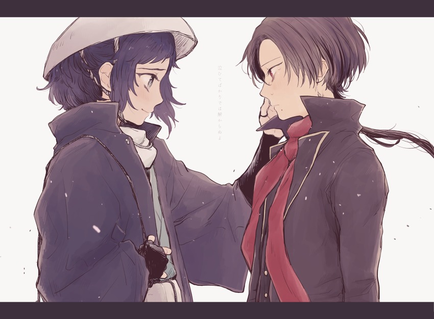 10s 2boys ajirogasa black_hair blue_eyes brown_hair earrings eye_contact hand_on_another&#039;s_cheek hand_on_another&#039;s_face hat highres japanese_clothes jewelry kashuu_kiyomitsu letterboxed looking_at_another mole mole_under_mouth multiple_boys profile red_eyes scarf shigeru smile tears touken_ranbu touken_ranbu:_hanamaru translation_request yamato-no-kami_yasusada