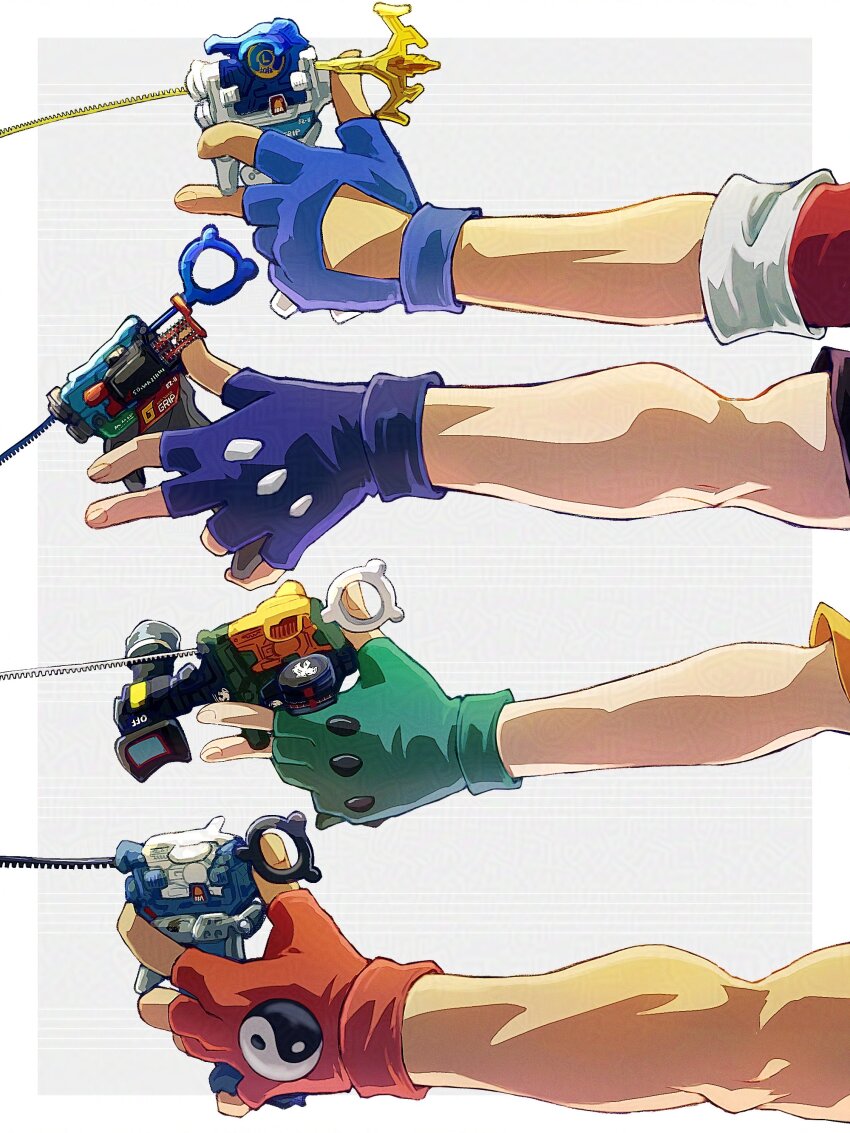 4boys absurdres bakuten_shoot_beyblade beyblade blue_gloves brown_gloves fingerless_gloves gloves green_gloves hand_focus highres hiwatari_kai holding kinomiya_takao kon_rei male_focus mizuhara_max multiple_boys tkoknmy0321 yin_yang yin_yang_print