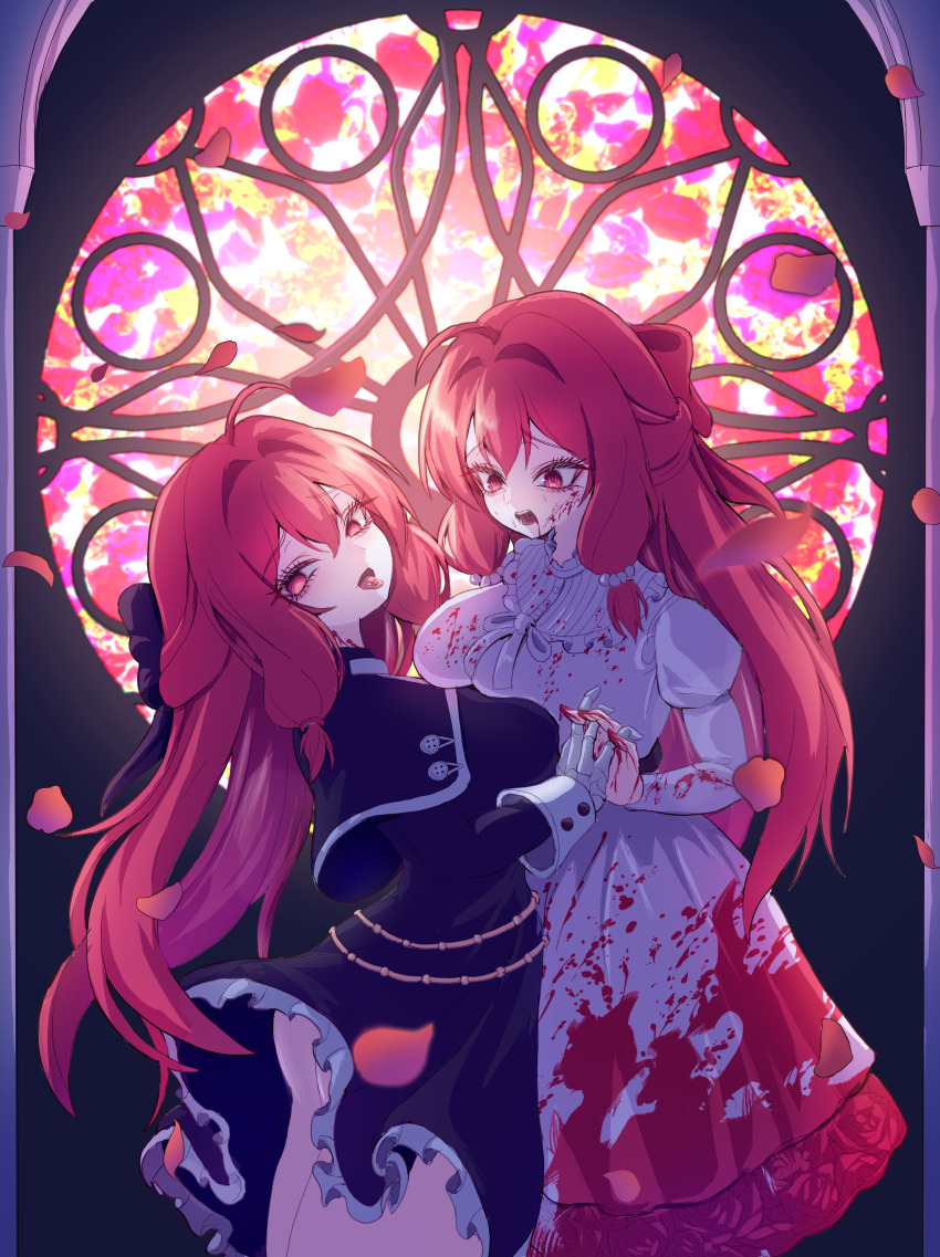1girl absurdres black_capelet black_dress black_ribbon blood blood_on_clothes breast_press breasts brown_dust_(series) brown_dust_2 capelet dark_persona dress dual_persona from_side hair_ribbon highres holding_hands iq-wraith large_breasts liberta_(brown_dust_2) liberta_(dark_saintess)_(brown_dust_2) long_hair looking_at_another looking_at_viewer looking_to_the_side open_mouth red_eyes red_hair red_ribbon ribbon smile stained_glass symmetrical_docking tongue tongue_out white_dress
