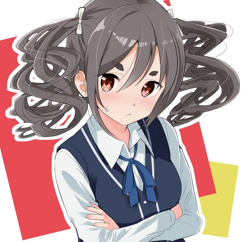 1girl azumawari_(azumofu) blue_ribbon blush closed_mouth collared_shirt commentary_request crossed_arms drill_hair grey_hair hair_between_eyes hair_ribbon highres kiriyama_an looking_at_viewer mono_(afro) neck_ribbon outline red_eyes ribbon school_uniform shirt solo sweater_vest thick_eyebrows twin_drills upper_body white_outline white_ribbon white_shirt